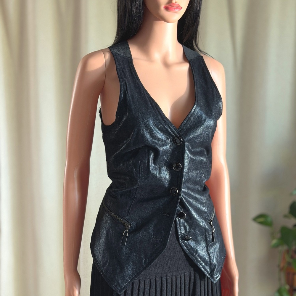 Royal Underground Mens Black Leather Lace Back Zipper Moto Vest XS Goth Biker